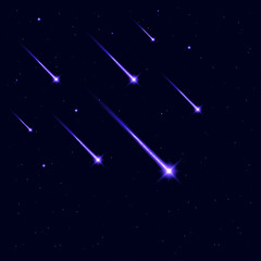 Poster - Shooting stars in galaxy sky background. Falling meteorite or comet with glowing light. Vector illustration.