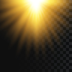 Poster - Sunlight on transparent background. Falling solar light. Exploding flash with sunbeam, star burst. Light effect, golden glowing flash with gold sunshine rays. Vector illustration.