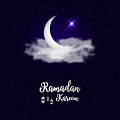 Aufkleber - Holy month of Ramadan Kareem background with crescent moon, clouds and star. Muslim holiday card with calligraphy text and lantern Fanus. Vector illustration.