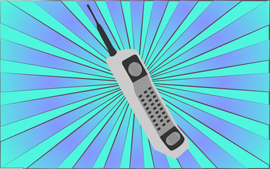 Poster - Retro old antique hipster mobile phone with an antenna from the 70s, 80s, 90s, 2000s against a background of abstract blue rays. Vector illustration