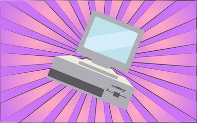 Poster - Retro old antique hipster computer from the 70s, 80s, 90s, 2000s against a background of abstract purple rays. Vector illustration