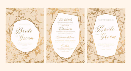 Luxury Set of elegant brochure,wedding card, background, cover. Peach and golden marble texture.Geometric frame.Trendy wedding invitation.All elements are isolated and editable.