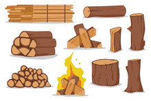 Log And Firewood Vector Cartoon Set Isolated On White Background.