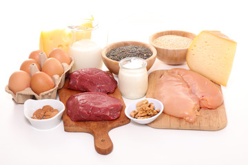 Wall Mural - assorted of food high in protein- beef, egg, cereal, cheese, bean