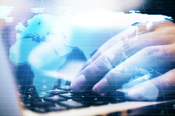 Poster - hand using laptop with digital world map
