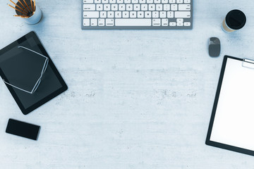 Poster - Top view of modern office desktop with empty tablet screen and supplies
