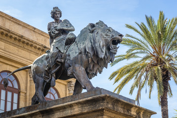 Poster - Statue of Melpomene - Muse of Tragedy in front of Teatro Massimo Vittorio Emanuele opera house in Palermo city, Sicily Island in Italy