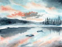 An Early Morning Landscape In Early Spring With Melting Snow And Ice On The Lake With Stones