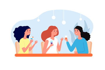 Canvas Print - Female friends drinking. Girls meeting, women drink coffee and talk. Friendly lunch in cafe bar, group people relaxed vector illustration. Female together table meeting in cafe, drink and talking