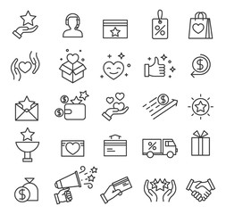 Loyalty program icons. Exclusive discounts, customer incentive benefits and presents points. Shopping website interface vector line symbols. Loyalty and discount program, bonus promotion illustration