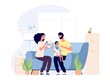 Parents and baby. Feeding infant, happy young family together. Mother father and toddler on sofa with food vector illustration. Woman and newborn son feed, toddler feeding in livingroom