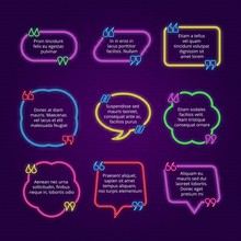 Neon Text Bubble. Quote Frames With Commas, Text And Direct Speech Vector Template. Illustration Commas Quote Bubble, Speech Text Comment