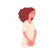 Woman pain. Unwell tired girl. Middle aged lady has discomfort. Stomach or abdominal ache and constipation, menstruation. Isolated stress depression vector illustration. Abdominal pain lady