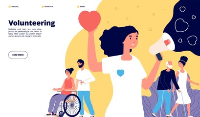 Poster - Volunteering page. Charity community, organization volunteer groups. People together activity, social help. Nonprofit helping vector concept. Charity volunteer, volunteering organization illustration