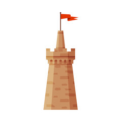 Sticker - Castle Tower with Waving Flag, Element of Medieval Stone Fortress Vector Illustration