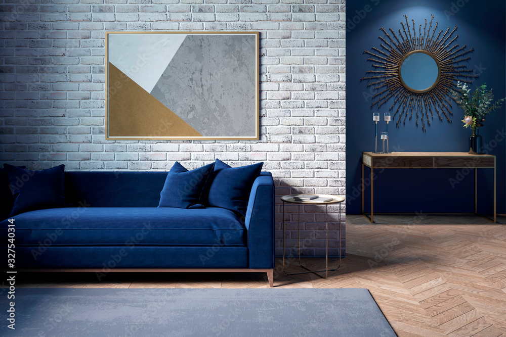 The interior of a modern living room with a dark blue sofa next to a brick wall on which a horizontal poster hangs, in the background you can see a mirror above the cabinet with flowers. 3d render - obrazy, fototapety, plakaty 