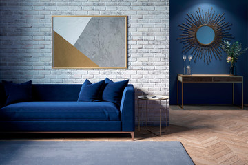 the interior of a modern living room with a dark blue sofa next to a brick wall on which a horizonta