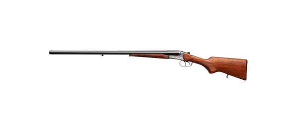 Classic double-barreled hunting shotgun. Weapons for hunting and sport isolate on a white background. Shotgun with a wooden butt.