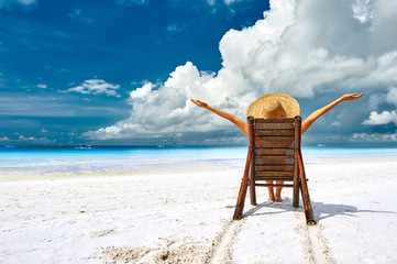 Poster - Girl on a tropical beach with hat