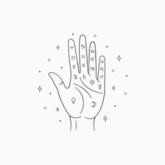 Wall Mural - Palmistry vector. Witch and magic symbol, monochrome palmistry illustration, isolated on white background