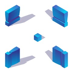 Poster - Isometric exclamation mark in various foreshortening, isolated on white background with sgadows, drawn with blue gradients