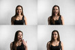 Set of young woman's portraits with different emotions. Young beautiful cute girl showing different emotions. Laughing, smiling, anger, suspicion, fear, surprise.
