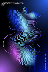 Poster - Abstract modern wavy poster. The energy of sound waves. Bright, fashionable music poster. Image on a dark blue background. Template for banners, brochures, magazines.