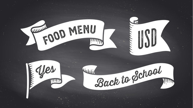 Ribbon Banner. Set of black and white ribbon banner with text, phrase. White isolated vintage old school silhouette ribbon with text Food Menu, USD, Yes on black chalk board. Vector Illustration