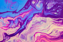 Fluid Art Texture. Abstract Backdrop With Iridescent Paint Effect. Liquid Acrylic Artwork With Flows And Splashes. Mixed Paints For Website Background. Purple, Pink, Blue And White Overflowing Colors