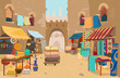 Vector illustration of Indian street bazaar with different shops: ceramics, carpets and fabrics, spices, jewelry. Asian street market with authentic goods. Local trade. Traditional crafts.