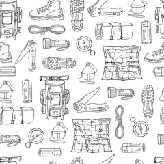 Wall Mural - Hand drawn vector seamless pattern with black elements isolated on white. Endless texture. Hiking gear for camping trips. Backpack, boots, map, flashlight, reusable bottle, sleeping bag, compass.