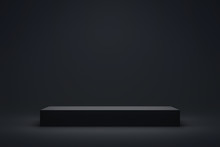 Black Podium Or Pedestal Display On Dark Background With Long Platform. Blank Product Shelf Standing Backdrop. 3D Rendering.