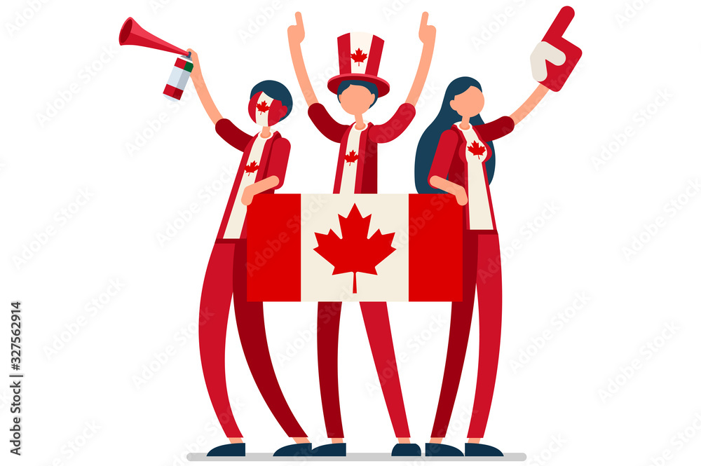 Crowd of persons celebrate national day of Canada with a flag. Canadian ...