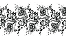 Seamless Black And White Peacock Feather Border With Flowers
