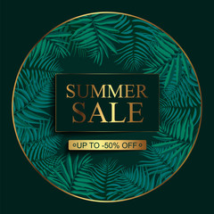 Summer sale announcement background with leaves, stem isolated on green backdrop. Minimalistic style floral background with gold lettering and elements. Discount text offer 50 percent. Vector illustra