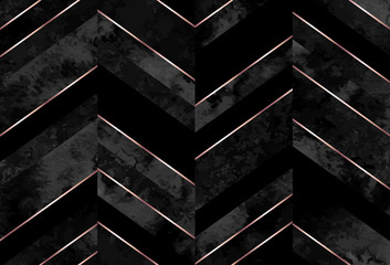 Wall Mural - Seamless abstract zigzag geometric pattern with gray watercolor and rose gold lines on black background