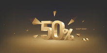  50 Percent Off Discount Sale Background. 3D Golden Numbers With Percent Sign And Arrows. Promotion Template Design.