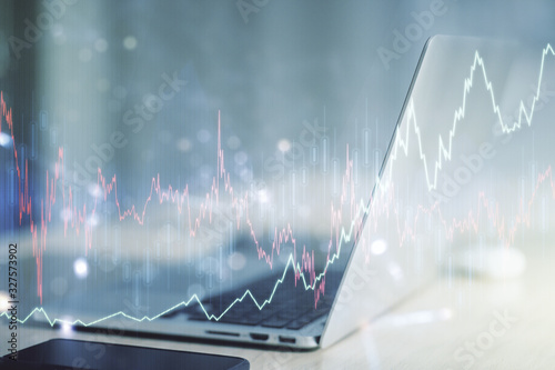 Cuadros en Lienzo Multi exposure of abstract creative financial chart on computer background, rese