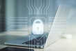 © Pixels Hunter - Creative idea concept with lock symbol and microcircuit illustration on modern laptop background. Protection and firewall concept. Multiexposure