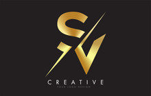SV S V Golden Letter Logo Design With A Creative Cut.