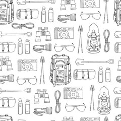 Wall Mural - Hand drawn vector seamless pattern with doodle objects isolated on white. Endless texture. Backpack, rolled camping bed, reusable bottles, flashlight, binoculars, camera, sunglasses, trekking sticks.