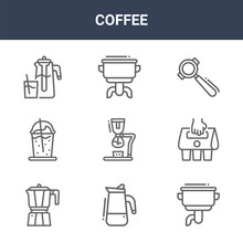 9 Coffee Icons Pack. Trendy Coffee Icons On White Background. Thin Outline Line Icons Such As Single, Take Away, Double . Coffee Icon Set For Web And Mobile.