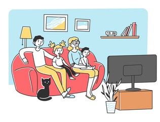 Wall Mural - Happy young family watching TV at sofa flat vector illustration. Mother, father, and kids relaxing at home together. Cartoon people in living room watching movie. Entertainment and lifestyle concept.