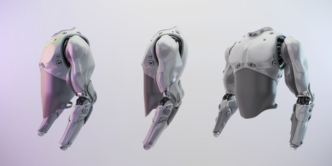 Grey robotic body without hands, 3d rendering of cyborg torso artificial part for replacement in three poses