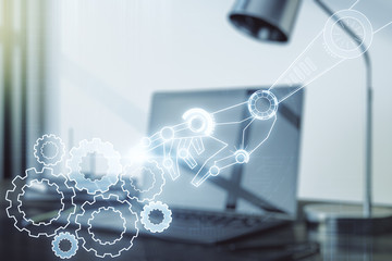 Aufkleber - Creative concept of robotics technology on modern laptop background. Robot development and automation concept. Multiexposure