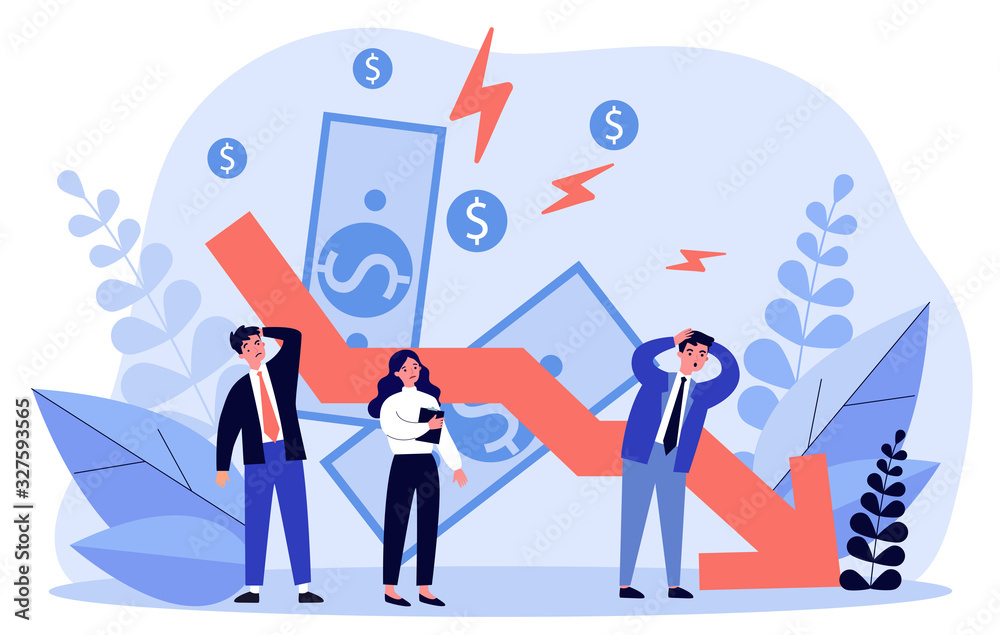 People facing financial crisis and loss. Business people upset about recession, economy problems. Vector illustration for bankruptcy, decrease, company failure, debt concept - obrazy, fototapety, plakaty 