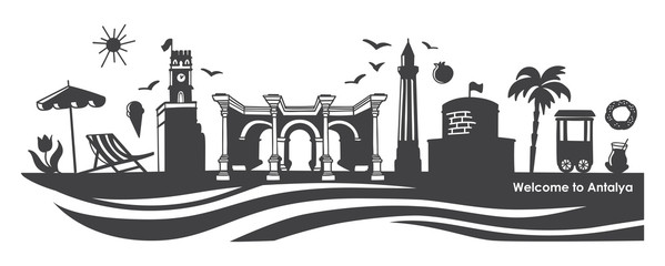 Wall Mural - Vector illustration Welcome to Antalya. Horizontal banner with famous Turkish landmarks. Skyline image with symbols of Turkey. Black silhouette of the city attractions for travel design.