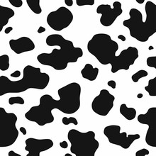 Cow Skin Texture, Black And White Spot Repeated Seamless Pattern. Animal Print Dalmatian Dog Stains. Vector