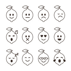 Wall Mural - Lemon smile emoticon cartoon set character. Different mood lemon Fruits vector illustration