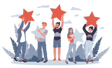 satisfied customers rating services quality with review stars vector illustration. happy people hold